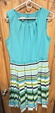 TALBOTS Pleated Women’s Striped Fit & Flare Dress Teal Green Size 10