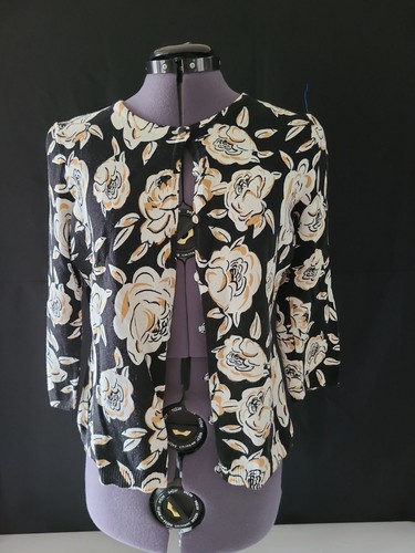Womens Elementz Floral Cardigan Sweater Size M Back White 3/4 Sleeve Round Neck