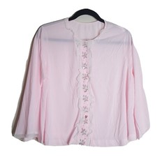 Vintage Gilead Size Large Pink Nylon Bed Jacket Embroidered Floral Lace Trim