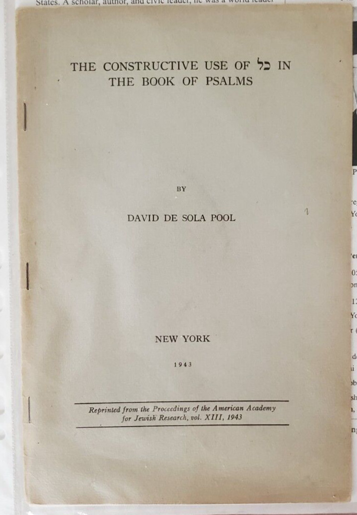 Raro 1943 Judaica - Kol en Salmos - Rabino David de Sola Pool - Estudio Sefardí
