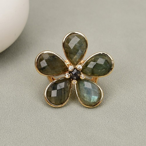 Natural Labradorite Shimmer Stone Flower Stone Clear CZ Pave Rings Adjustable - 第 2/9 張圖片