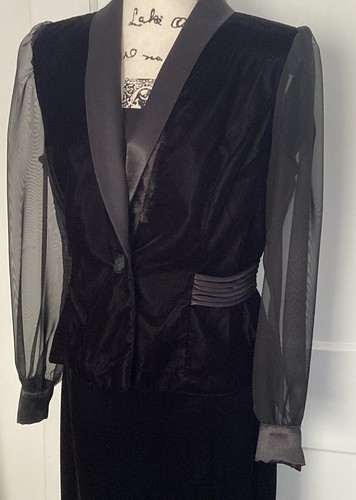 R&K Evening Vintage Suit Black Velvet Jacket Maxi Skirt Long Sheer Sleeves - Picture 3 of 23