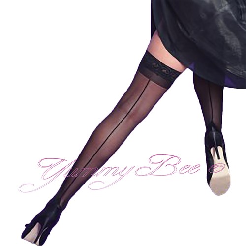 Stockings Tights Lace Hold Ups Seam Sheer Fishnet Thigh High Opaque Bows XL Sexy - Picture 23 of 36