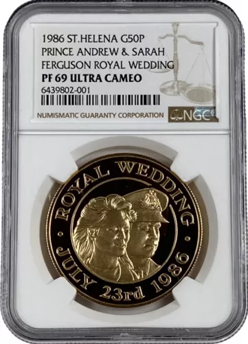 Rare 50 Minted 1986 St. Helena Gold 50 Pence Royal Wedding 1.4oz Coin NGC PF 69