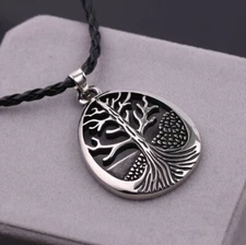 Large Celtic Tree Of Life Oval Pendant Necklace Leather Cord Silver Tone Alloy