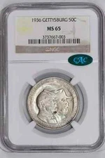 1936 GETTYSBURG SILVER COMMEMORATIVE HALF DOLLAR NGC MS65 CAC!