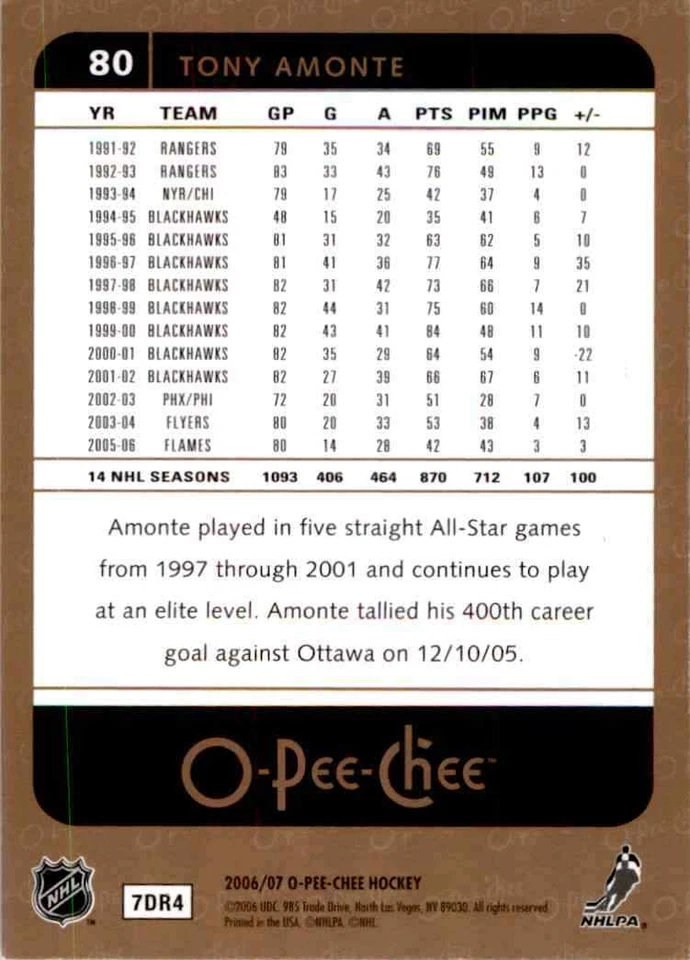 2006-07 O-Pee-Chee Tony Amonte #80 - Image 2 of 2