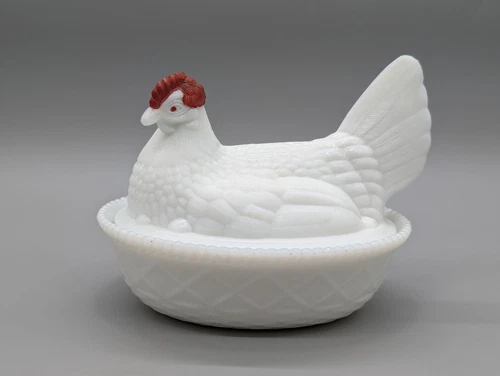 Vintage White Milk Glass Hen Rooster On Nest Large Basket Candy Dish 7.25"
