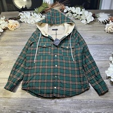 Flannel Jacket Size Medium Fleece Lined Green Plaid Hoodie Button Down New Nwt