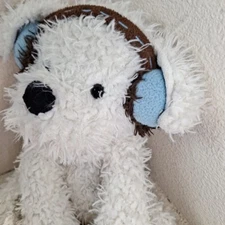 Hugfun Plush White Dog 12" Earmuffs Stuffed Toy Scruffy Curly Fur NO CLOTHING