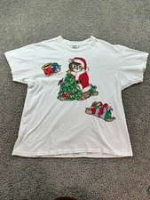 VINTAGE Blair Christmas Shirt White L White Kitten Presents Casual Ladies 90s