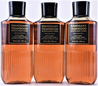 QTY 3 Bath & Body Works Men's MAHOGANY TEAKWOOD 3-1 Hair Face Body Wash Gel 10oz