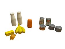 Vtg Childrens Play Food w Green Giant Cans Bottles Chicken Butter Bananas Salt