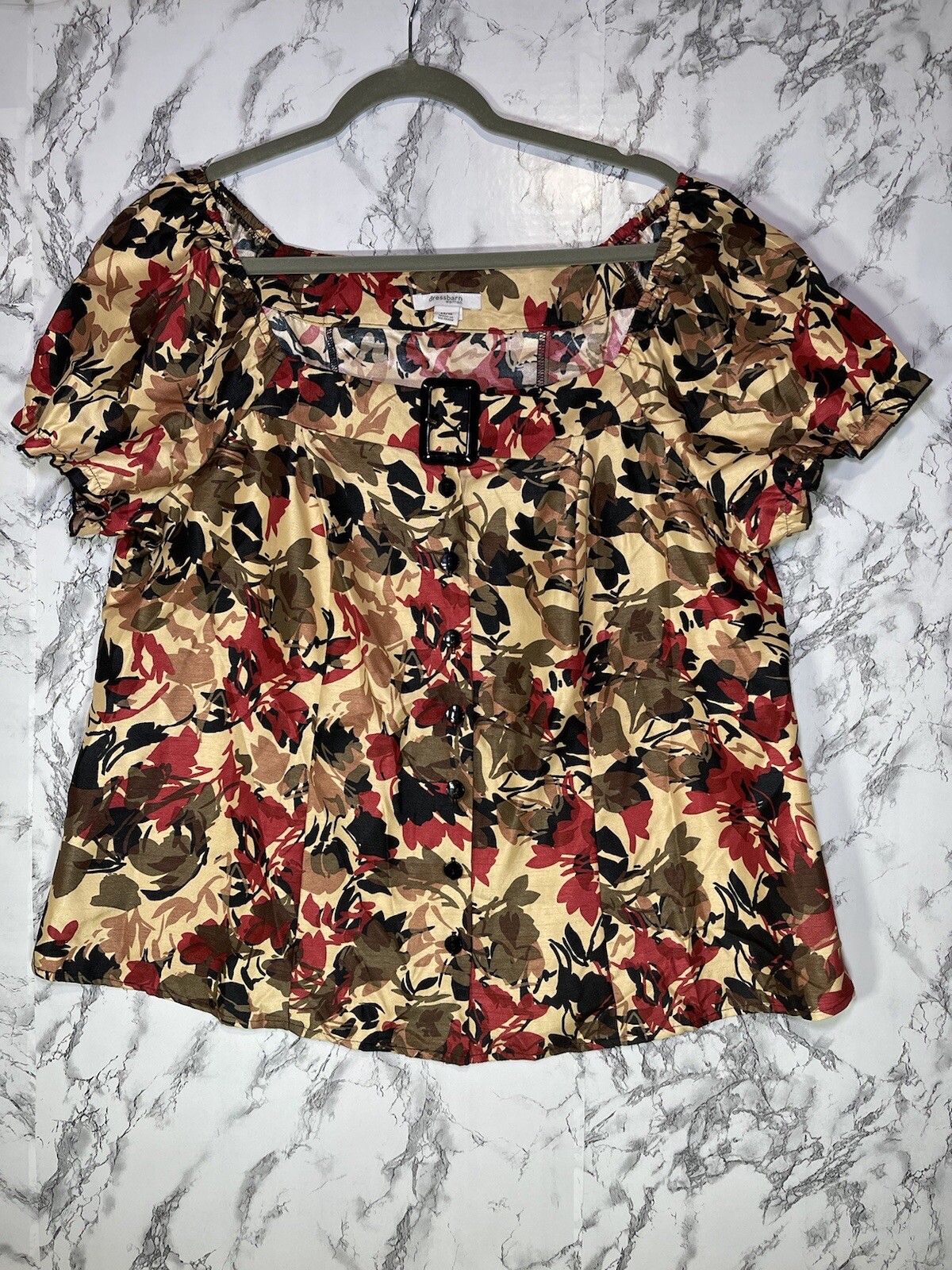 Dress Barn 14/16W Womens Short Sleeve Belted Floral Top Fall Colors