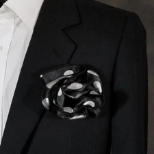 NEW - Men's 2-in-1 Pouf Round Pocket Square - White Multi Size Dots on Black
