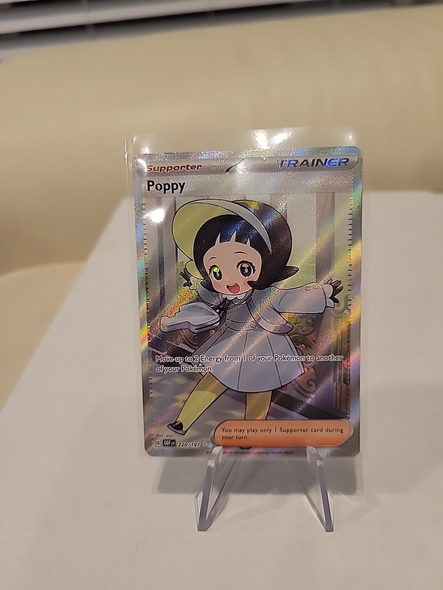full art poppy pokemon card Trading Game Obsidian Flames Ultra Rare #220 Move up to 2 Energy from 1 of your Pokemon to another of your Pokemon.You may play only 1 Supporter card during your turn. Poppy Full Art Secret Rare