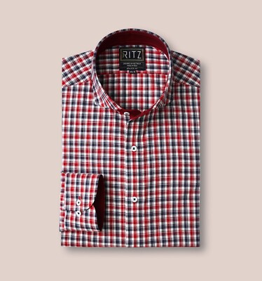 Maroon, Navy Blue and White Checked 100% Cotton Shirt with Contrast Detailing