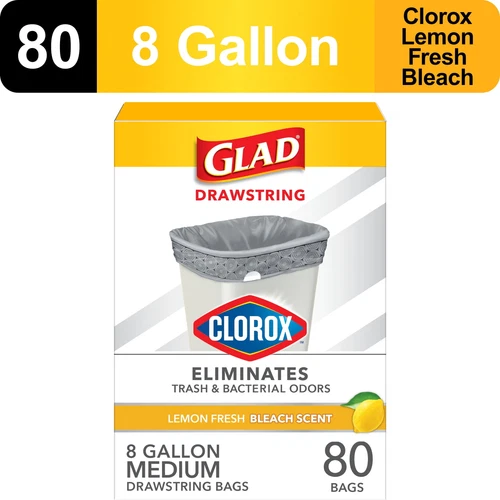 2 PACK Glad Drawstring Medium Scented Trash Bags With Clorox, 8 Gallon, 80 Bags - Picture 1 of 6