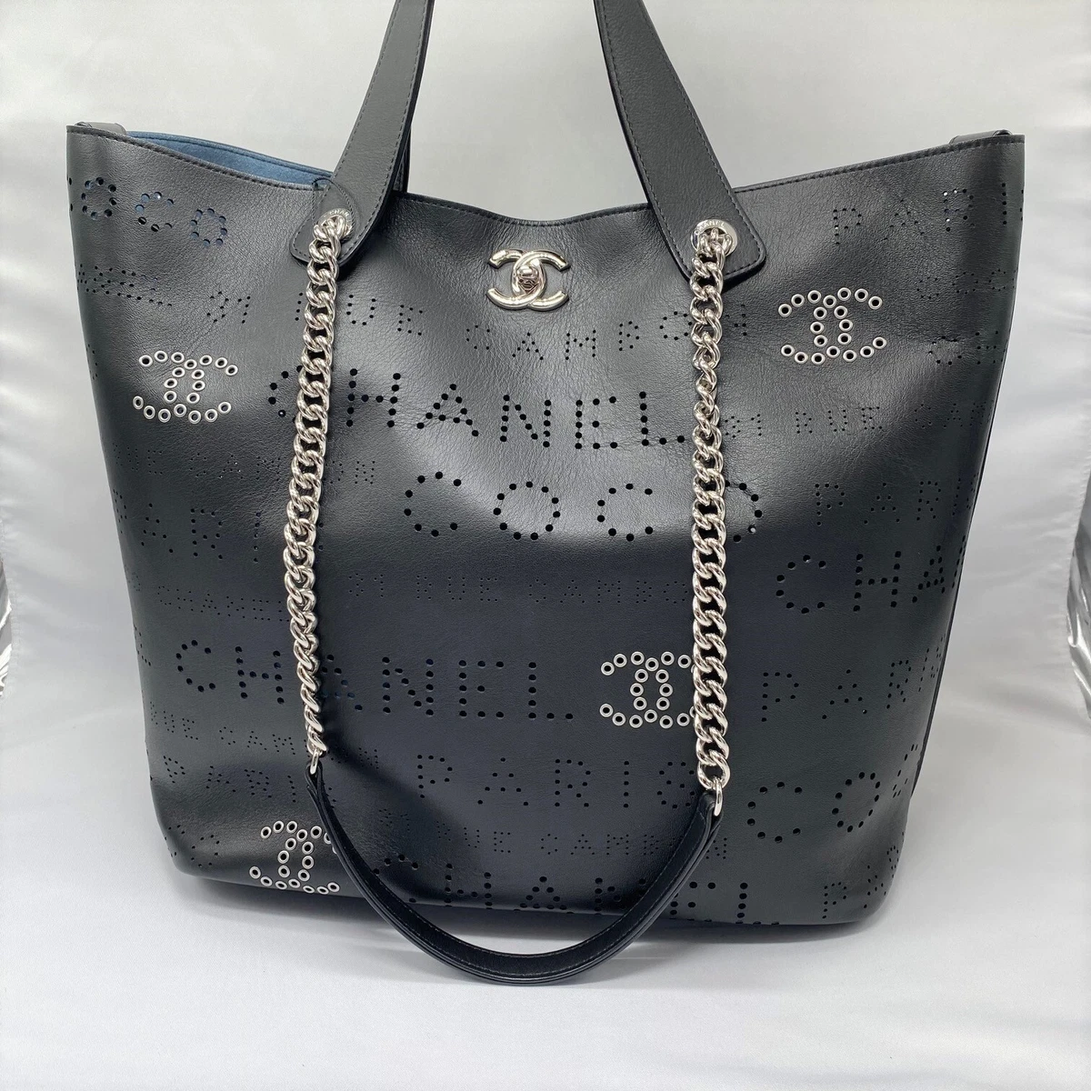 Chanel Black Logo Eyelets Shopping Tote Perforated Calfskin with Silver  Hardware