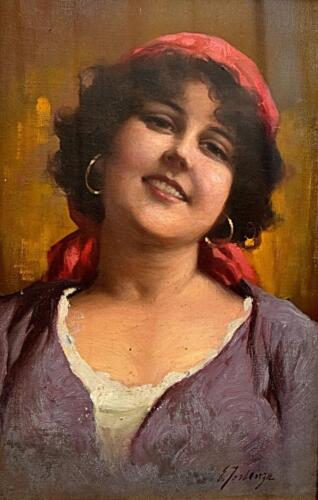 PORTRAIT OF A RUSTIC ITALIAN GIRL OIL PAINTING c1900 EDUARDO FORLENZA - Picture 1 of 7