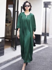 Retro Round Neck Thin 3/4 Sleeve Loose Women Long Over The Knee Length Faux Silk