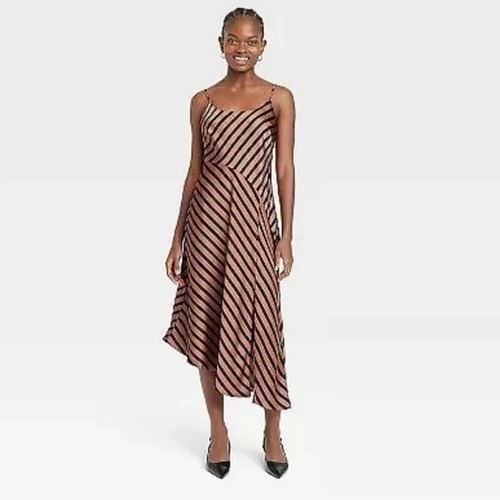 Women's Asymmetrical Midi Slip Dress - A New Day Brown Striped L
