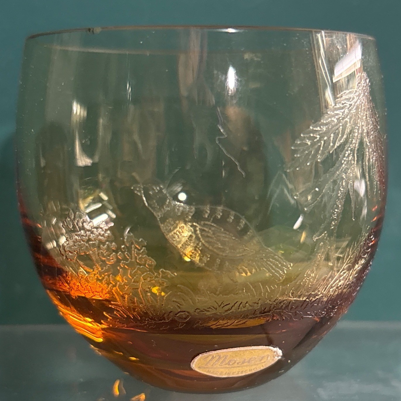 VINTAGE MOSER - ETCHED BIRDS BOHEMIAN CZECH CRYSTAL BAR GLASS