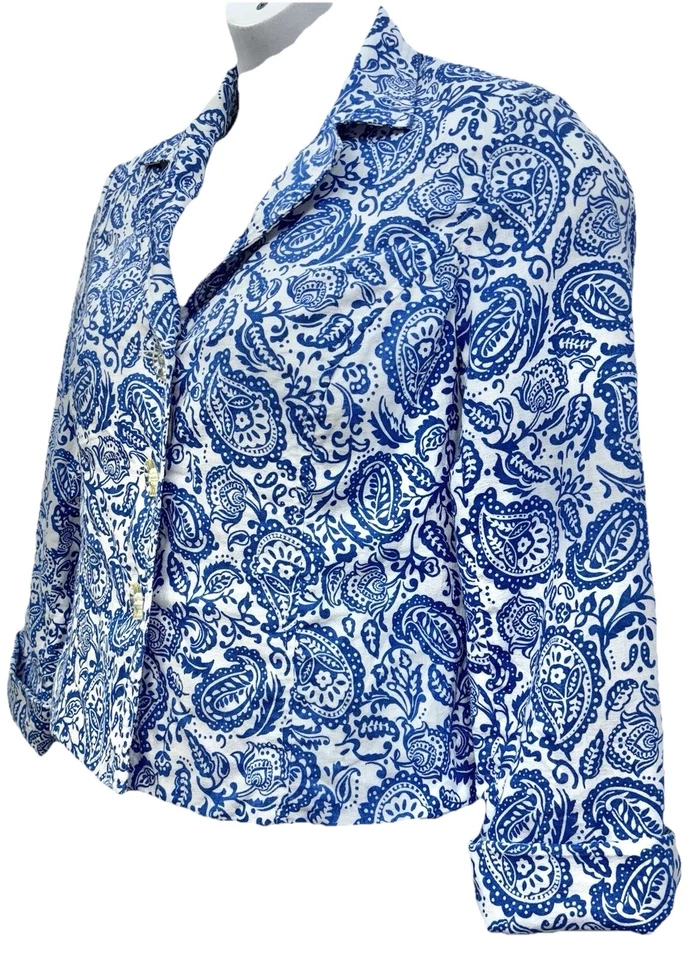 Kim Rogers Women Size 12P 3 Button-Up Long Sleeve Blazer Blue/White Linen Blend - Image 4 of 4