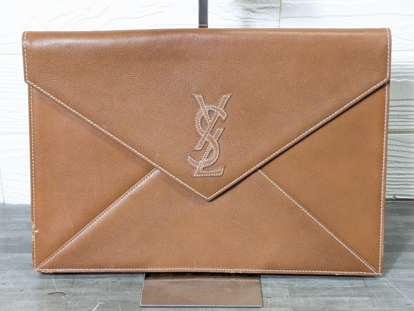 YSL Yves Saint Laurent Leather Logo Clutch Bag Brown Luxury Classic Used