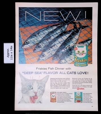 1961 Friskies New Fish Dinner Cat Food Deep Sea Flavor Cats Love! Print Ad 50541