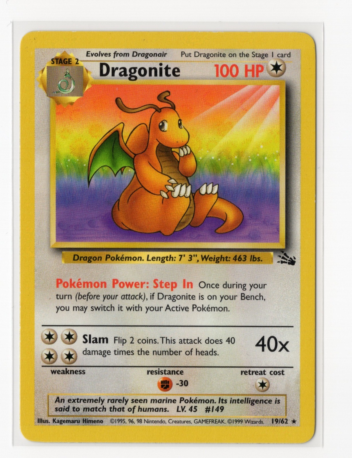 Pokemon Dragonite (19) Unlimited Fossil 19/62 NM WOTC Vintage