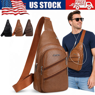 Men's Leather Sling Bag Chest Pack Crossbody Shoulder Backpack USB Earphone Port