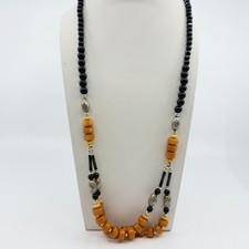 VTG Multi-Strand Beaded Statement Necklace Black Butterscotch Orange Art Dec