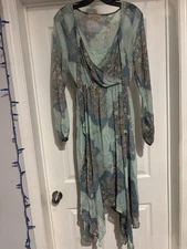 Wonderly Midi Dress Sheer Asymmetrical Hem Boho Flirty Blue Floral Medium