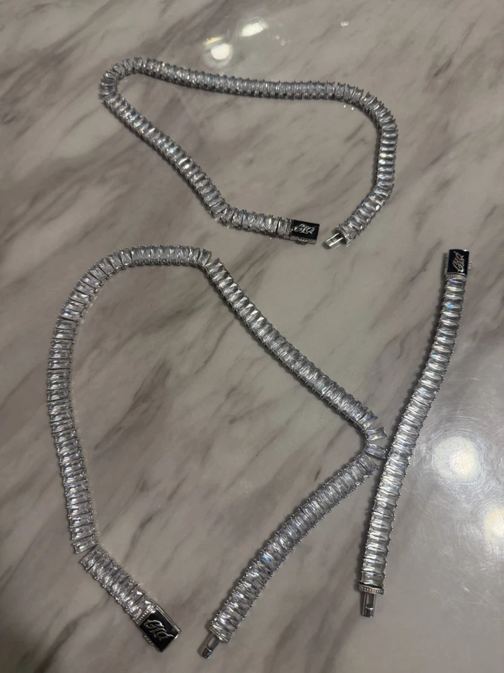 Diamond Baguette Tennis Chain + Bracelet Bundle In White Gold 18K 12MM Shop GLD - Image 3 of 4