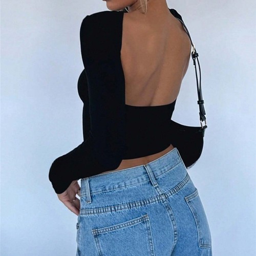 Women Slim Fit Long Sleeve Top Solid Color Hollow Back Exposed Navel Shirt - Picture 3 of 16