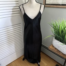 Vintage Express Slip Dress Womens 9/10 Black Satin Maxi 90s Indie Minimalist