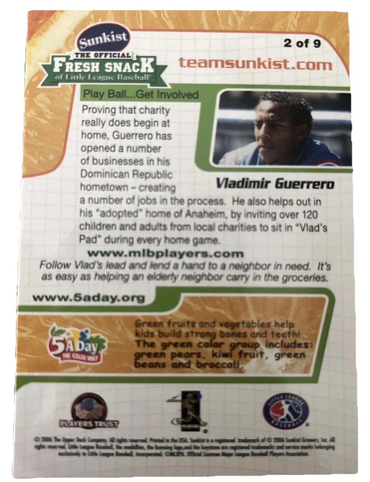 2006 Upper Deck Sunkist Vladimir Guerrero #2 Montreal Expos MLB Baseball Card