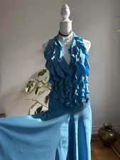 Y2k Asymmetric Aqua Blue Halter Dress Ruffle Front- Party Glam Size 8-10