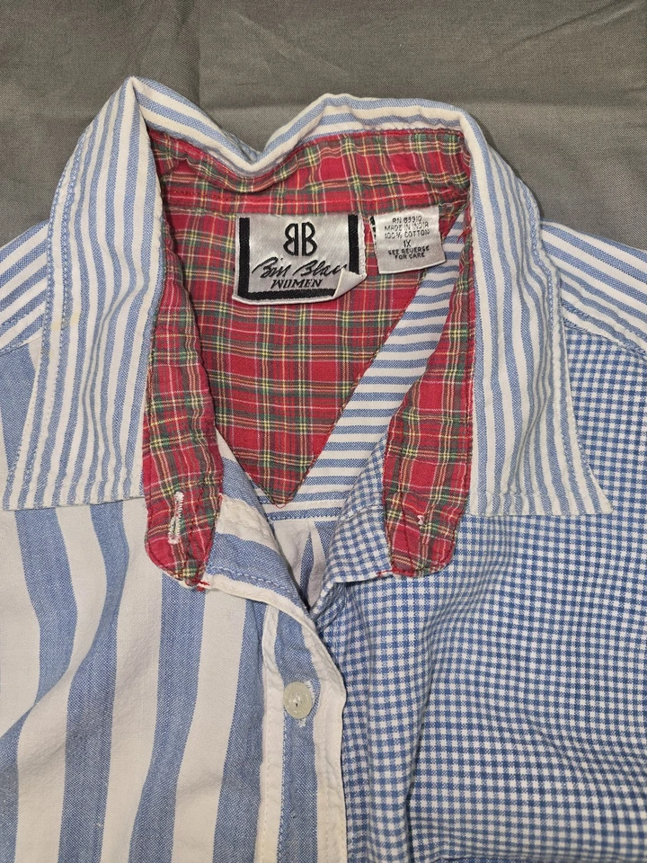 Camisa De Colección Bill Blass Para Hombres Grande Azul Rayas Cuadros Retazos Abotonados Foto 2 de 4