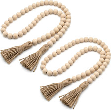RAINFLOW Wood Bead Garland with Tassels - 2PCS 50 Inch Wooden Beads  14MM Decor