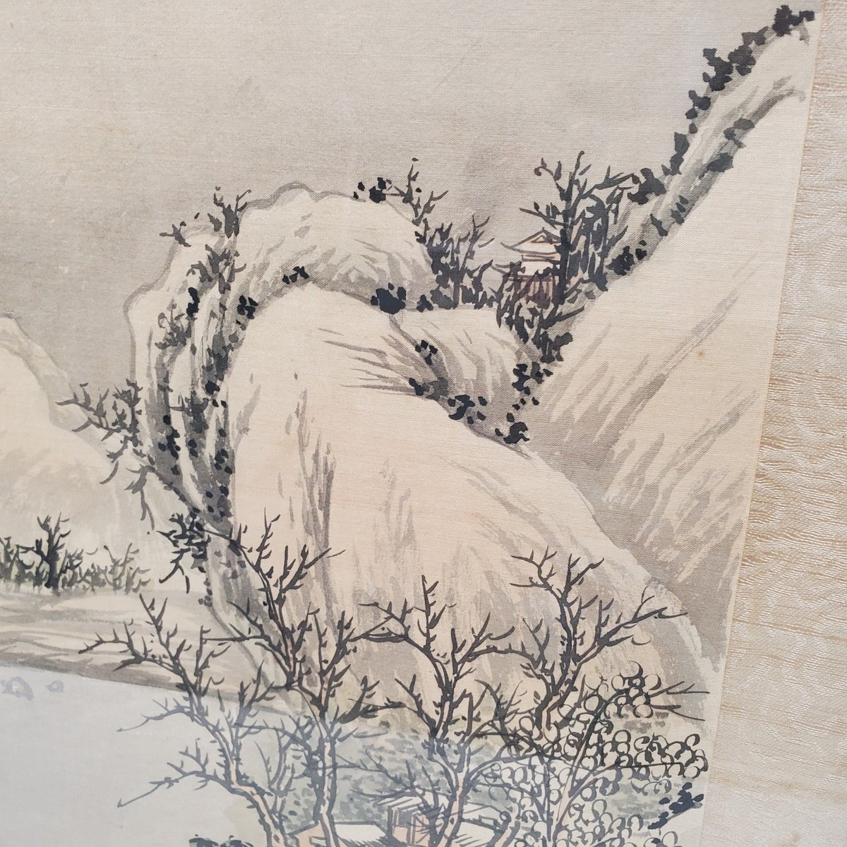 Vintage Chinese Shan Shui Silk Painting Landscape River Boat