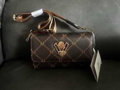 Valentino Orlandi Brown Crossbody Logo Pattern Gold Hardware