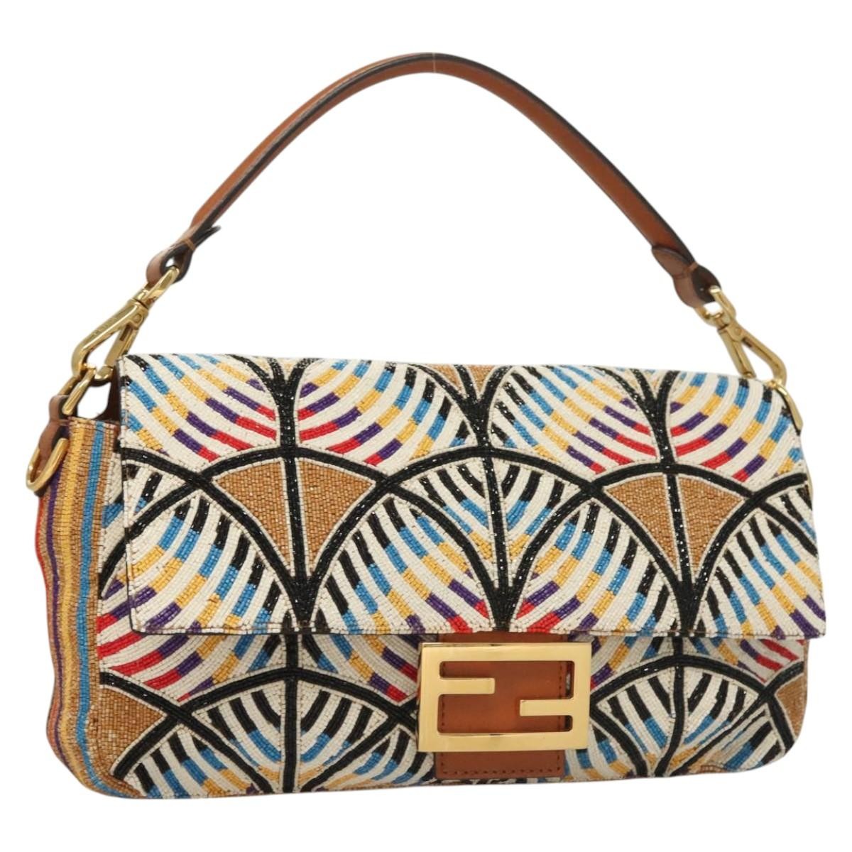 FENDI Mamma Baguette Shoulder Bag Beaded Beige Gold Authentic 119241SV