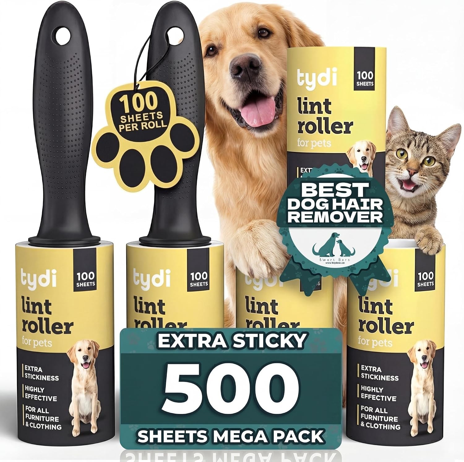 Pet Hair Lint Roller 500 Sheets with 2 Handles, 100 per roll - Reusable,