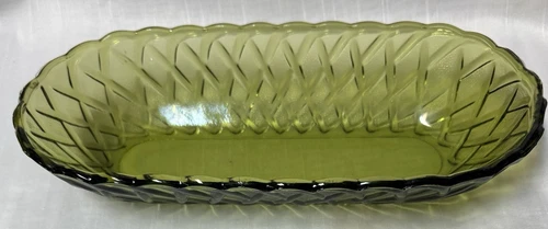Vintage Indiana Glass Pretzel Green Carnival Glass Oval Celery Dish Relish Tray