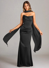 Azazie Sorrel Black Mermaid Strapless stretch Satin convertible dress corset NEW