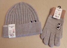 NEW! w/tag 2023 UNIQLO x Anya Hindmarch BEANIE Hat & GLOVES set EYE Knit Gray