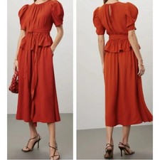 Ulla Johnson Midi Dress Marion Rust Red Ruffle Belted Waist Short Sleeve size 4