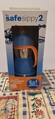 Kid Basix Safe Sippy 2 Blue Stainless Steel 11oz 2-in-1 Sippy Cup Straw BPA Free